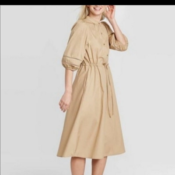 Who What Wear Beige Midi Dress tie waist puffy sleeves size XS khaki - Picture 8 of 9